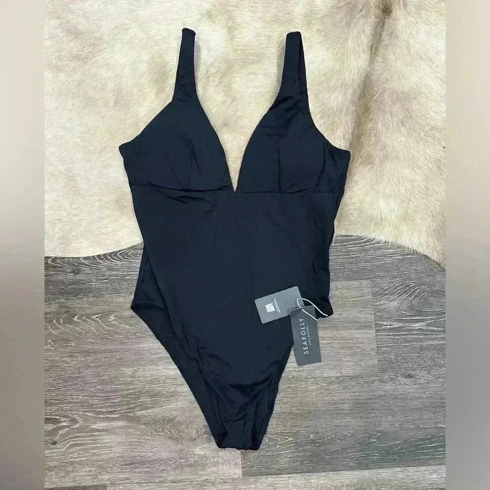 Seafolly Collective Women Black V Neck One Piece Size US 10 Simple Sexy NWT - Picture 3 of 6